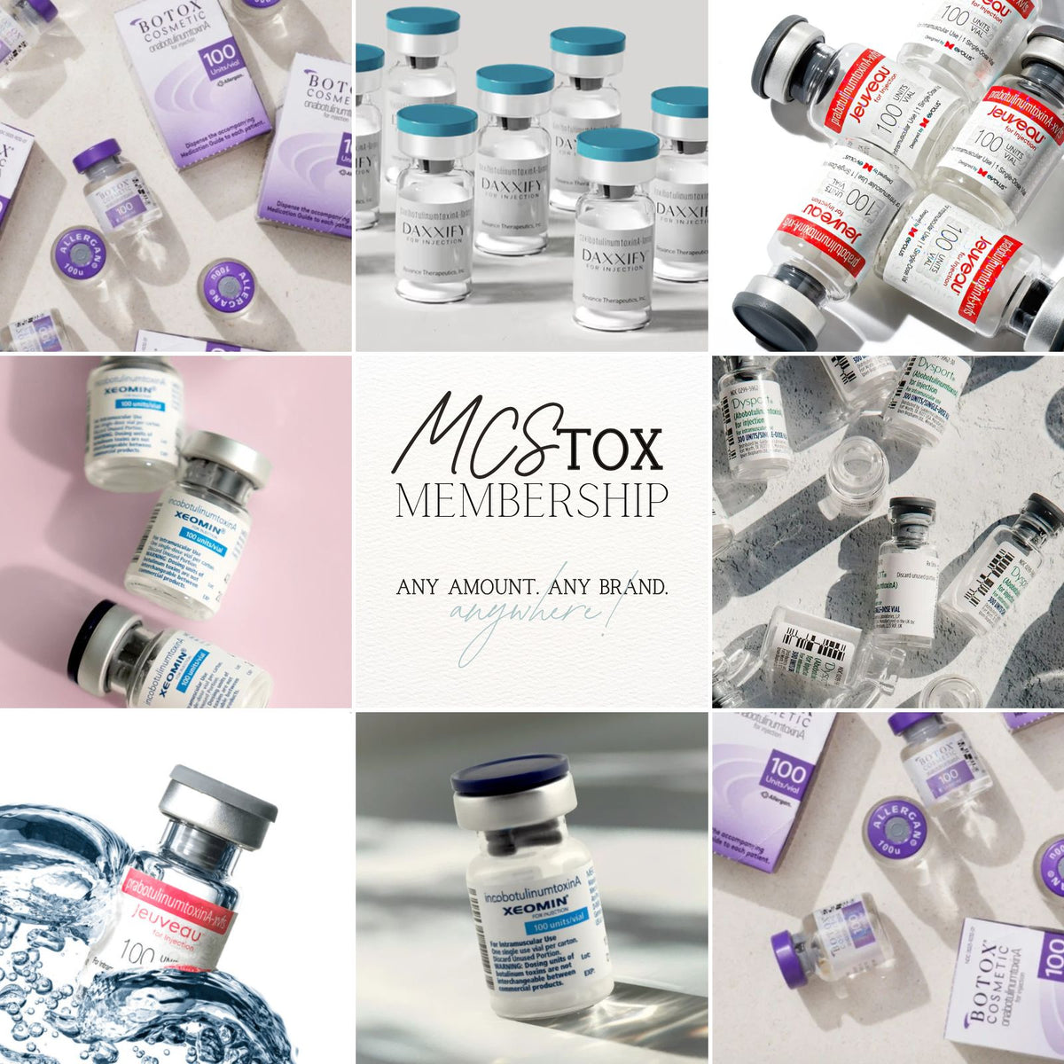 Botox, Dysport, Xeomin, Daxxify or Jeuveau at 9.50 per unit while your membership subscription is active. 