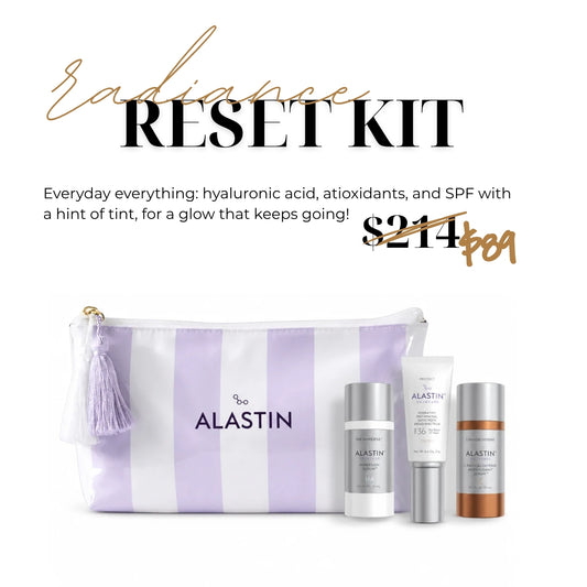Alastin Radiance Reset Kit in a striped travel bag